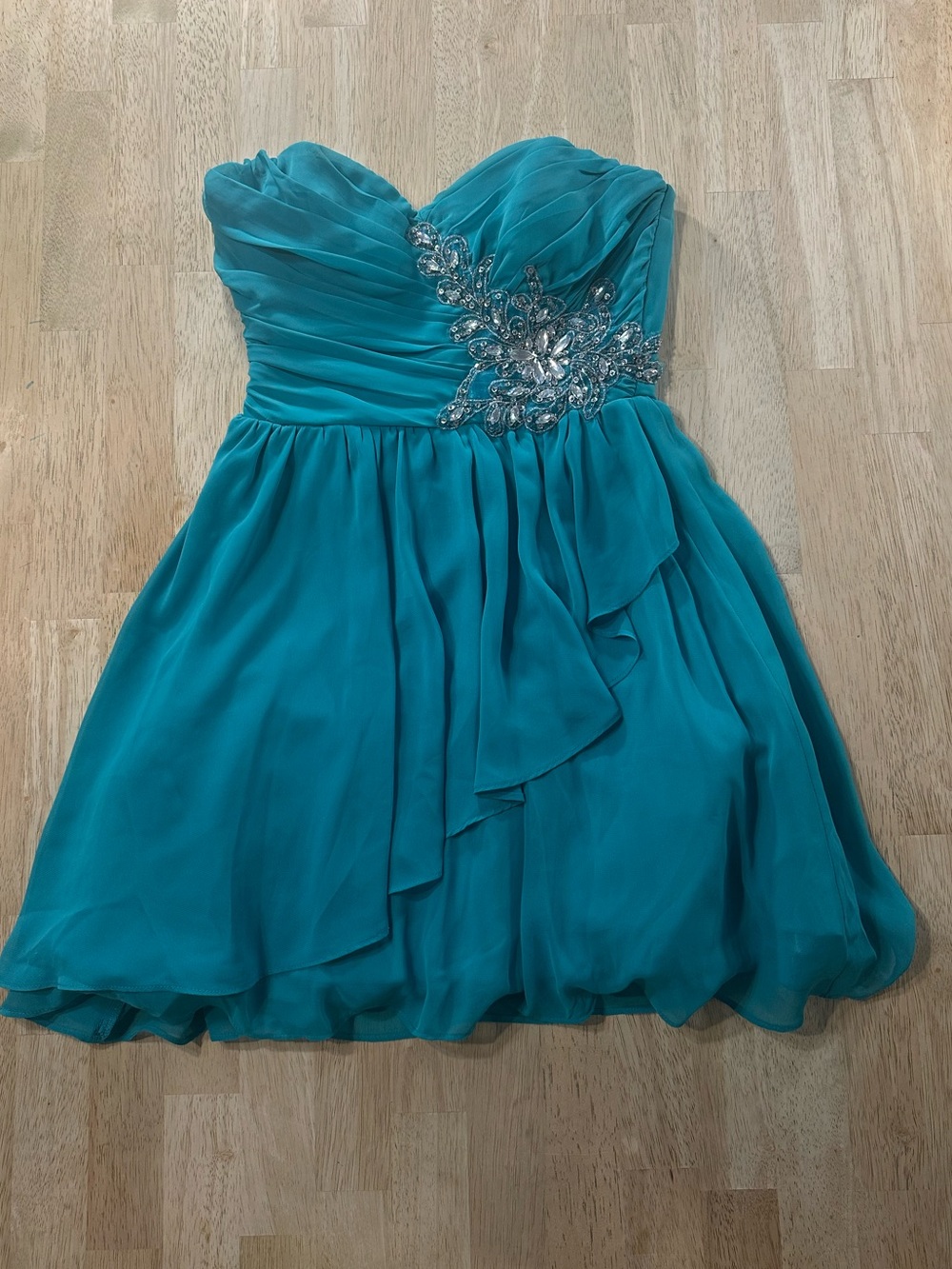 B Darlin Teal Strapless Ruched Chiffon Dress with Crystal Embellishment